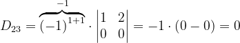 \dpi{120} D_{23}= \overset{-1}{\overbrace{\left ( -1 \right )^{1+1}}}\cdot \begin{vmatrix} 1 &2 \\ 0 & 0 \end{vmatrix}=-1\cdot \left ( 0-0 \right )=0